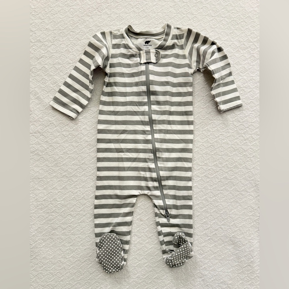 Monica + Andy Gray and White Striped Double Zipper Footie Sleeper